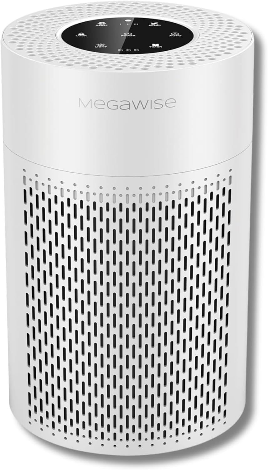 MegaWise Silent Desktop Air Purifier with 3 Speeds for Home Office True H13 Filter with Smart Air Quality Sensor, Sleep Mode, Pets Hair, Odors, Smoke, Dust (White)