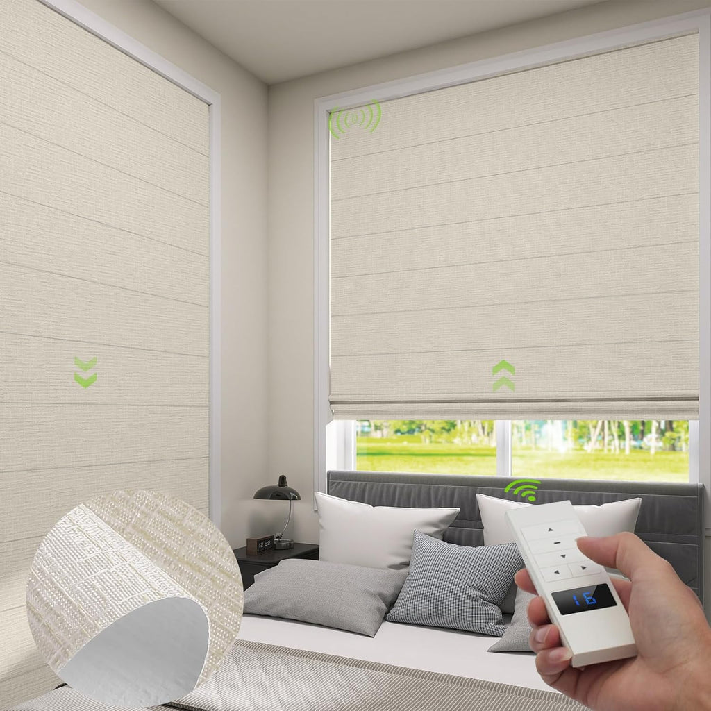 ZSTARR Smart Roman Shades Rechargeable Motorized Blinds with Remote Full Blackout Roman Window Shades Plain Fold Soft for Doors Bedroom, Custom Size (Beige)