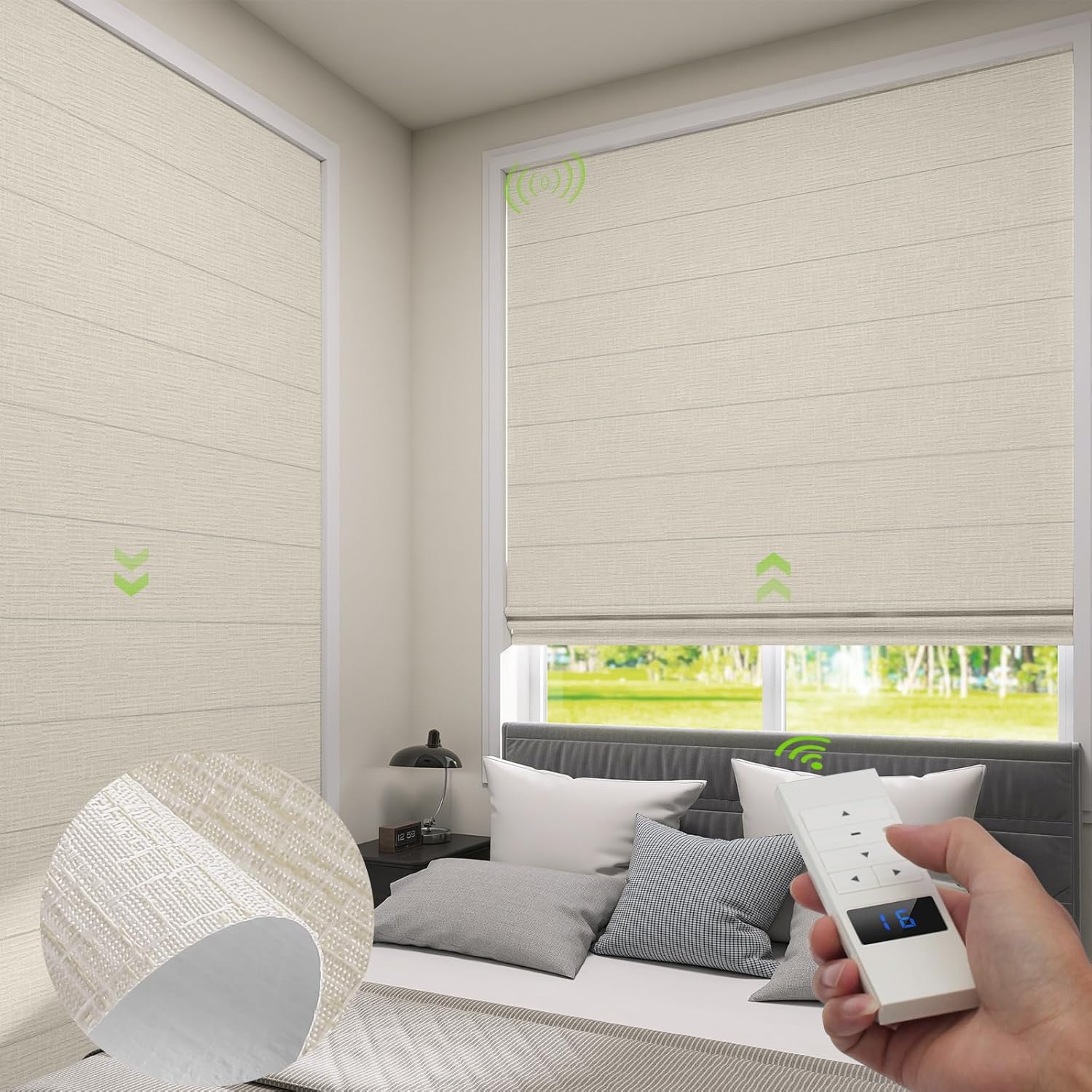 ZSTARR Smart Roman Shades Rechargeable Motorized Blinds with Remote Full Blackout Roman Window Shades Plain Fold Soft for Doors Bedroom, Custom Size (Beige)