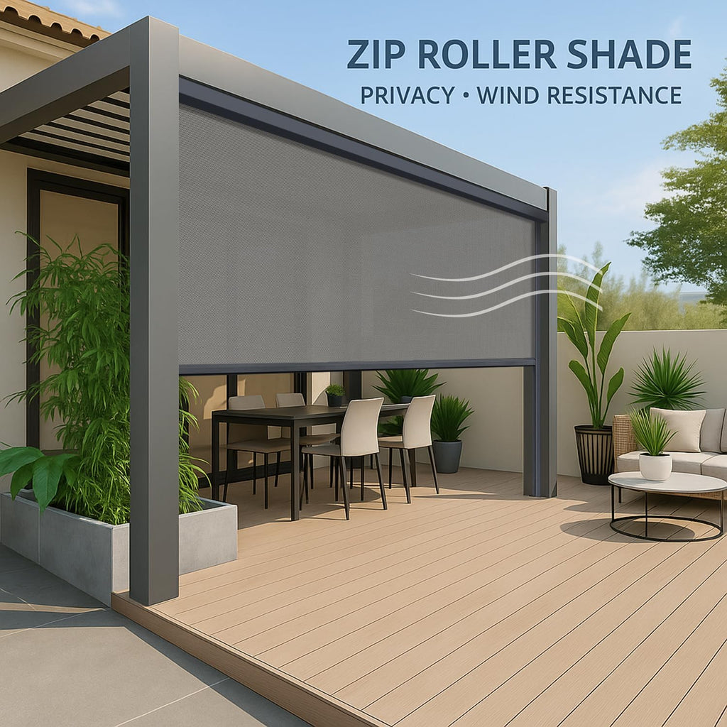 ZSHINE Hard-Wired Outdoor Snow Blocking Weatherproof Motorized Patio Roller Shades Remote Control for Porch Balcony Customized Size (Light Grey 1% Openness)
