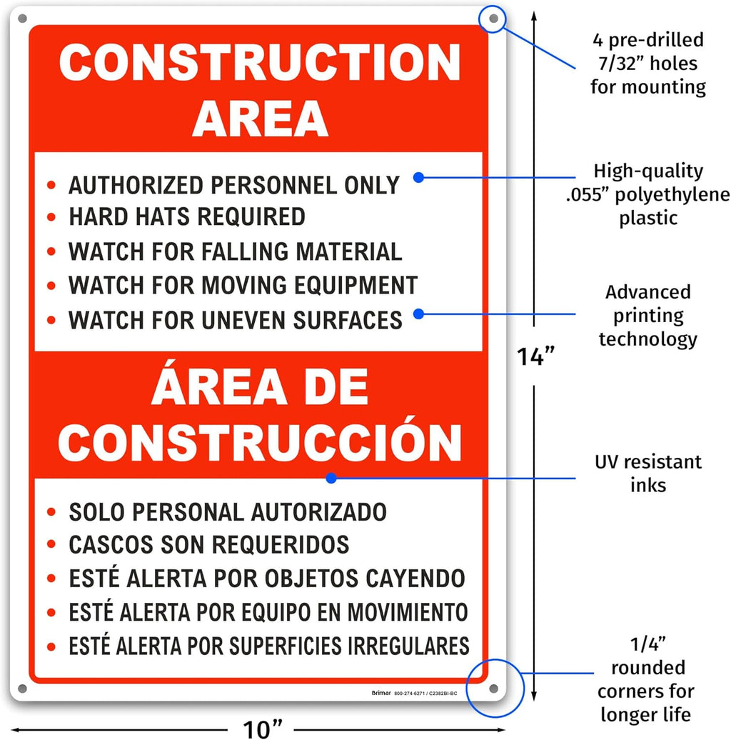 Brimar - 10" x 14" - Bilingual Construction Area Rules Sign - .055″ Polyethylene Plastic - Bilingual Design - Easy Installation