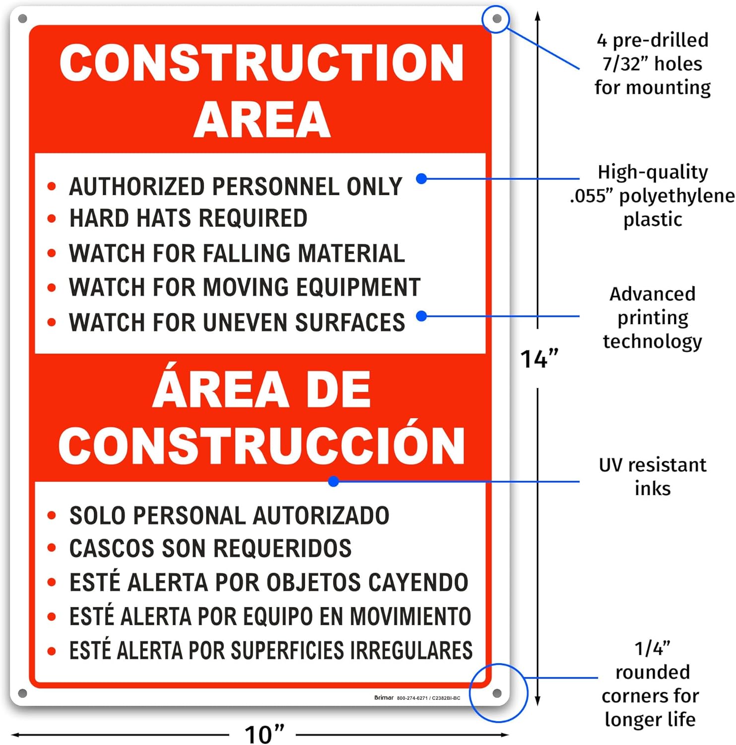 Brimar - 10" x 14" - Bilingual Construction Area Rules Sign - .055″ Polyethylene Plastic - Bilingual Design - Easy Installation