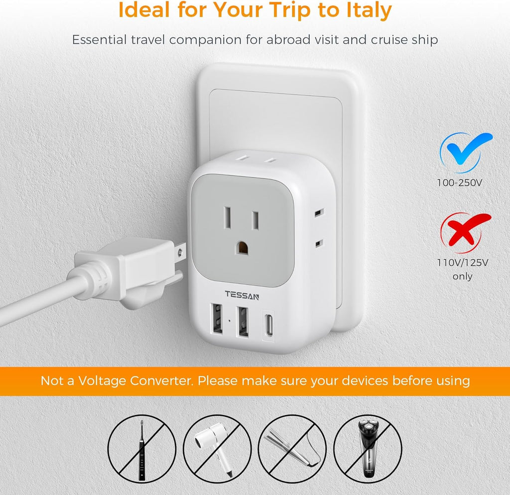 Italy Travel Plug Adapter 2 Pack, TESSAN Italy Power Adaptor with 4 Outlets 3 USB Charger (1 USB C Port), Type L Adapter for US to Chile Libya Syria Tunisia Uruguay