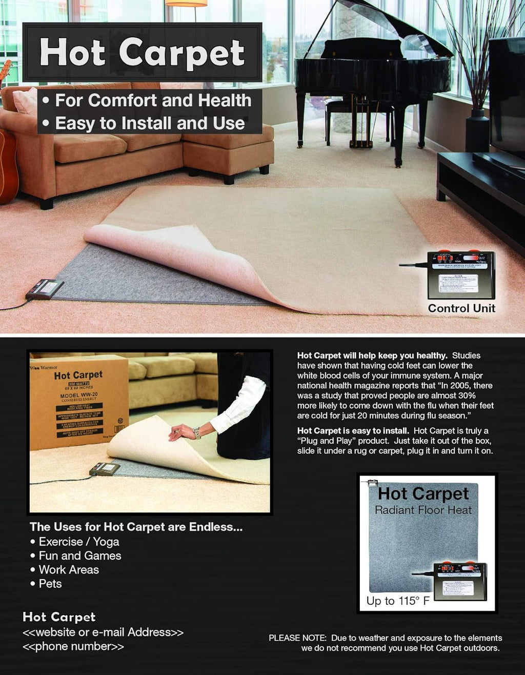 Hot Carpet High Heat Retention Felt Under Rug Instant Radiant Floor Heater Electric Mat Electric Heated Area Rug (720.2 watt Extra Thick Mat) Made in Seattle WA