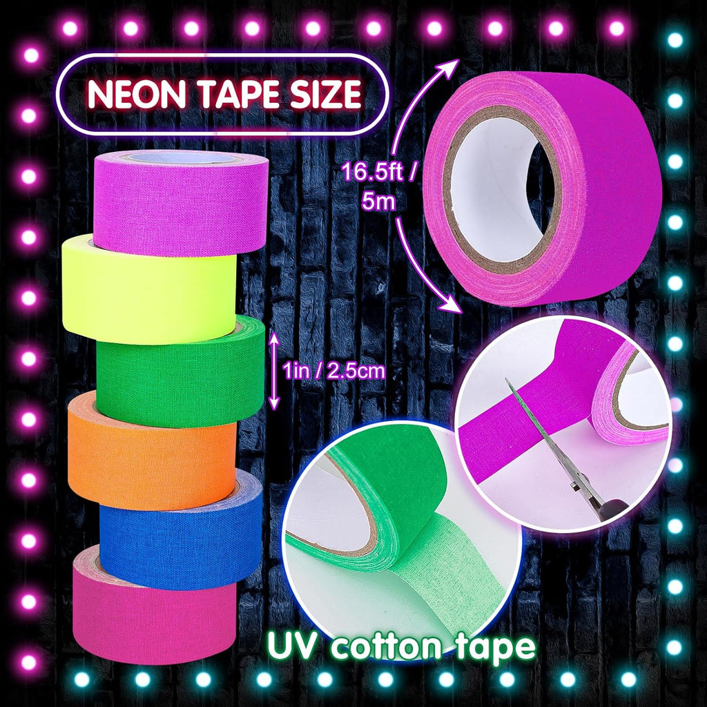 Whaline 6 Colors Neon Gaffer Cloth Tape Fluorescent Rainbow Color UV Blacklight Tape Neon Duct Reflective Tape for UV Party Theatres Staged Dark Areas(1 inch x 16.5 feet)