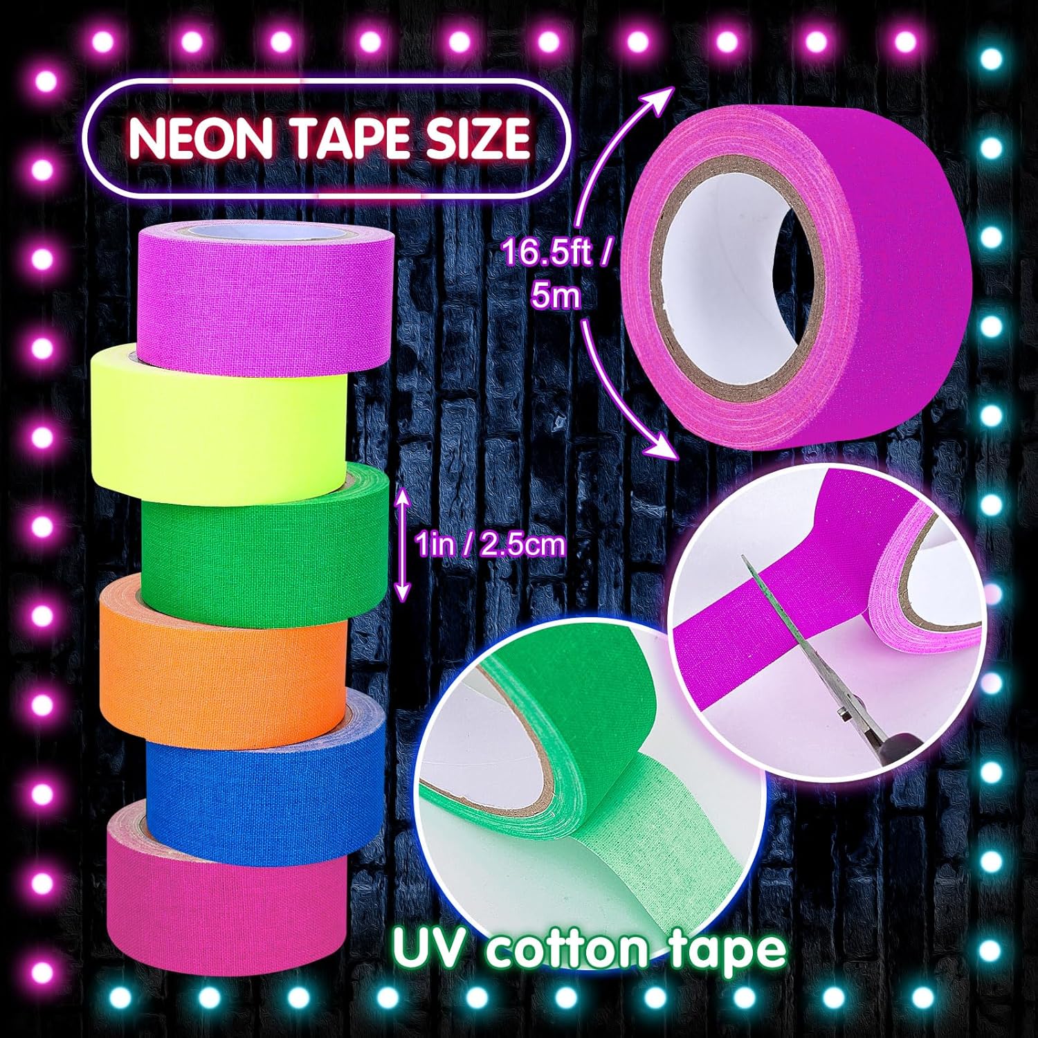 Whaline 6 Colors Neon Gaffer Cloth Tape Fluorescent Rainbow Color UV Blacklight Tape Neon Duct Reflective Tape for UV Party Theatres Staged Dark Areas(1 inch x 16.5 feet)