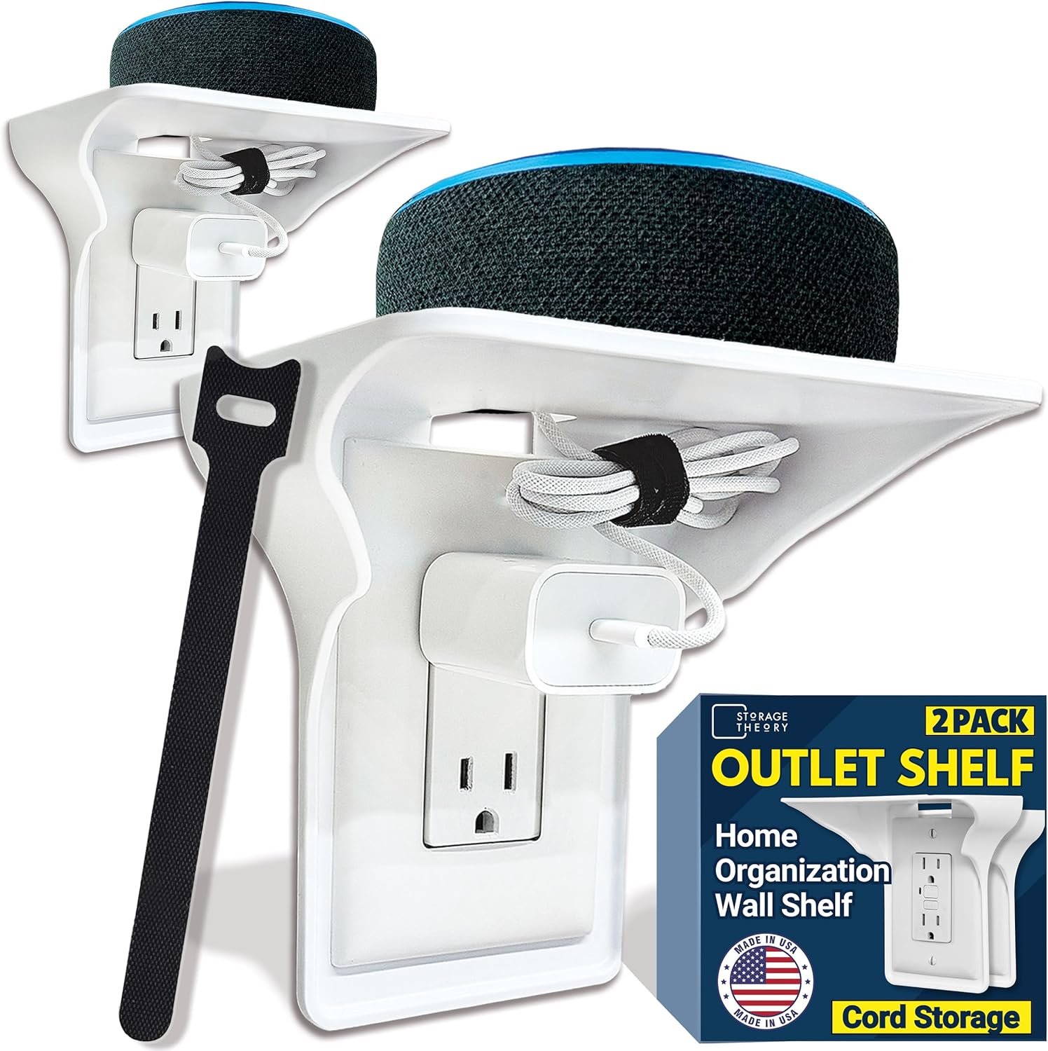 BeraTek Power Perch Wall Outlet Shelf with Cord Storage Strap - Declutter & Reclaim Counter Space - Top Uses: Charging Shelf, Echo Dot Stand, Apple HomePod Mini Wall Mount - White, 2-Pack
