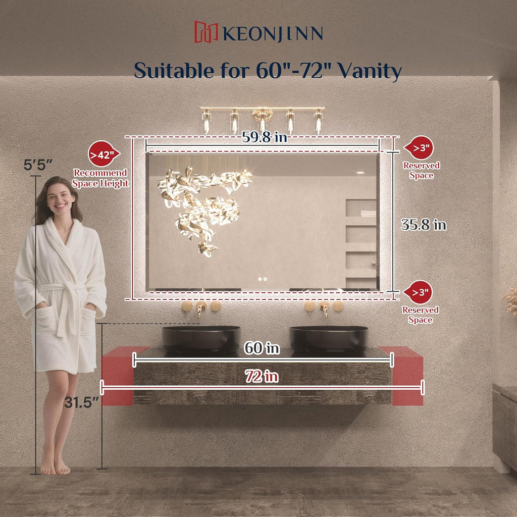 Keonjinn 60 x 36 Inch Oversized Backlit Bathroom Mirror, Large LED Mirror for Bathroom, Decorative Beveled Edge, Tempered Glass, UL-Listed, 3 Color Lights, Defogging, Lighted Wall Mount Vanity Mirror
