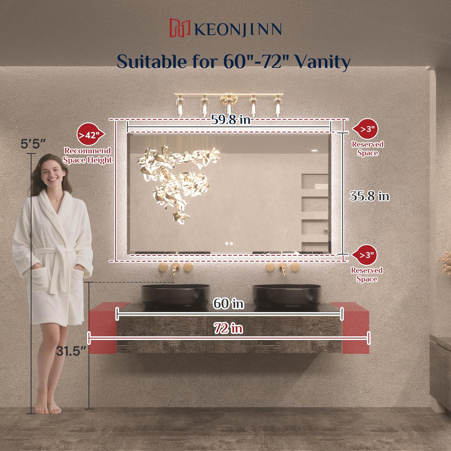 Keonjinn 60 x 36 Inch Oversized Backlit Bathroom Mirror, Large LED Mirror for Bathroom, Decorative Beveled Edge, Tempered Glass, UL-Listed, 3 Color Lights, Defogging, Lighted Wall Mount Vanity Mirror