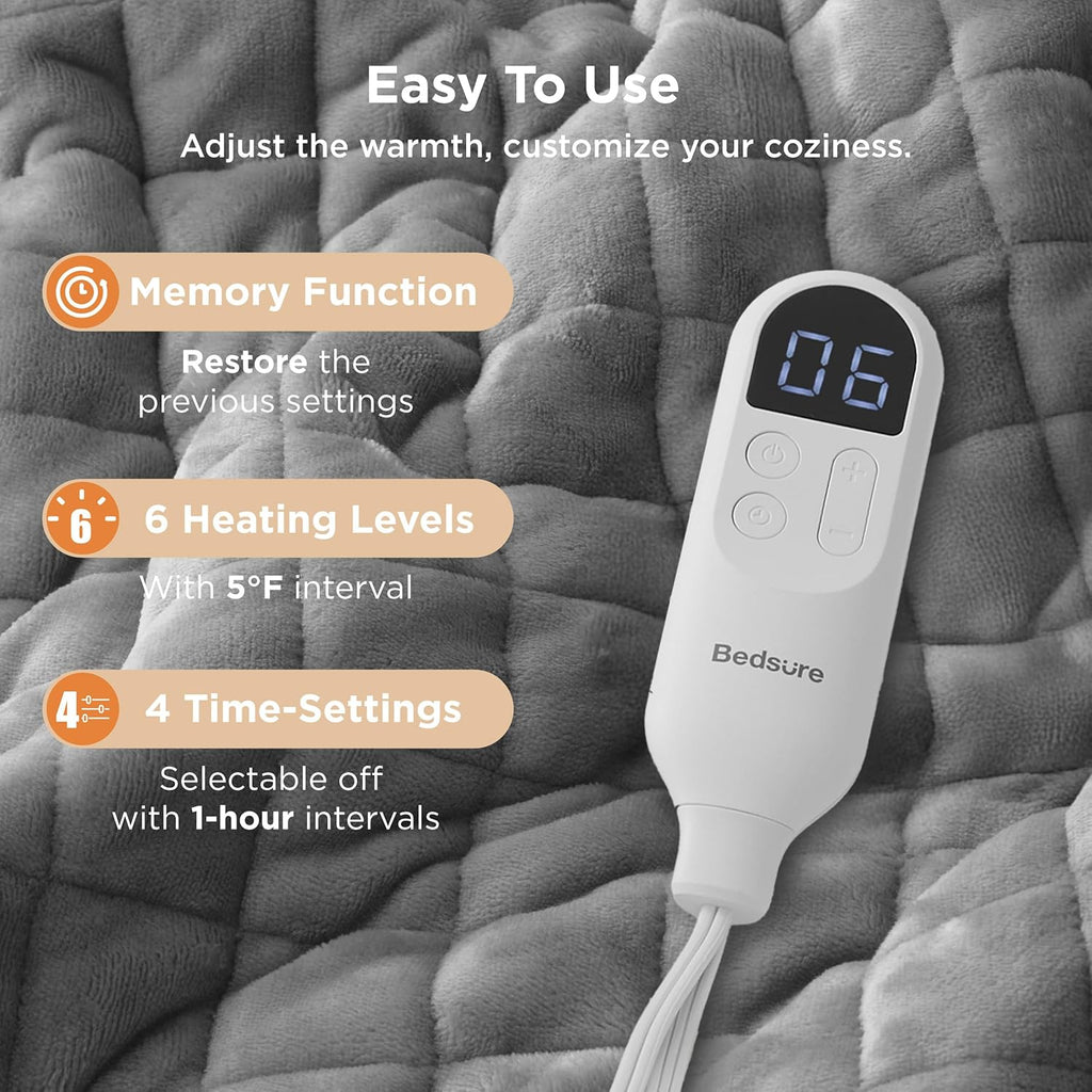 Bedsure Heated Blanket Throw Blanket - Quilted Electric Blanket, Soft Flannel Thick Heating Blanket with 4 Time Settings & 6 Heating Settings, Warm Gifts for Women Men (50x60 inches, Formal Gray)