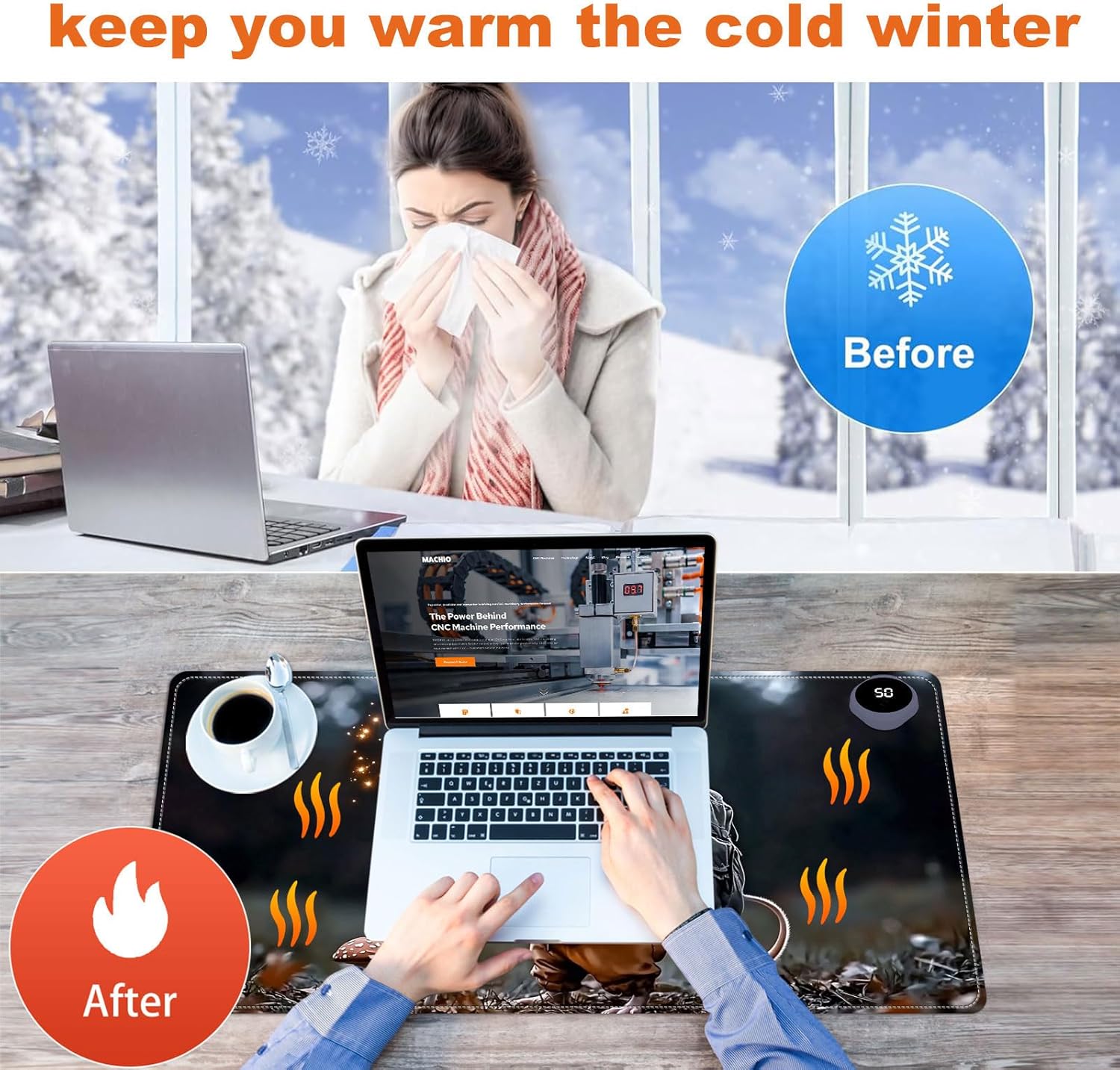 Heated Mouse Pad for Desk 31.5" x 13" – PU Leather Warm Desk Pad with 3 Heat Levels (104°F/113°F/122°F), Plug-in Electric Heating Mat with Auto Shut-Off, Waterproof & Rollable, Mouse with Lantern