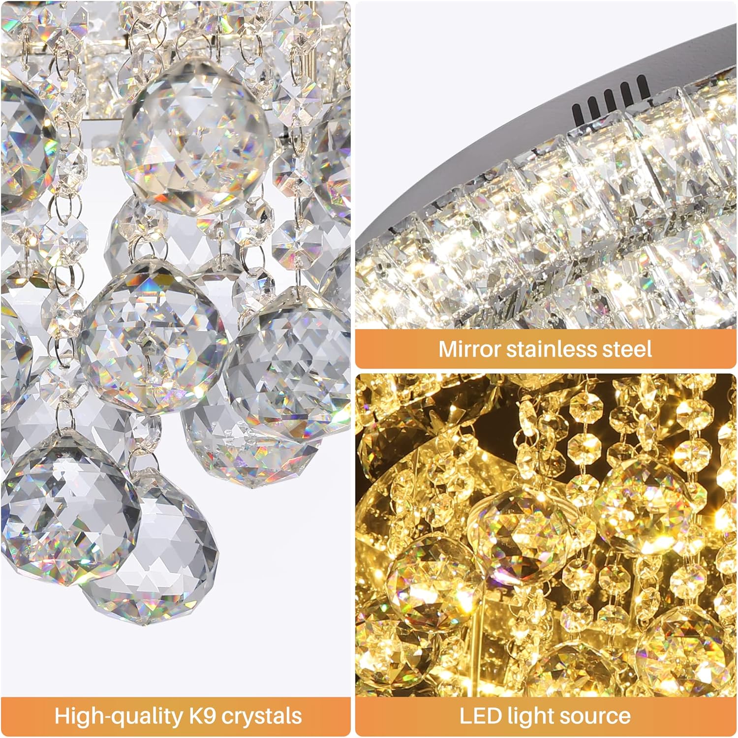 Elegant LED Crystal Raindrop Ceiling Light, 24" Flush Mount Chandelier Light Fixture with Remote Control for Living Room Kitchen Island Bedroom Hallway Entryway Foyer(Dimmable)