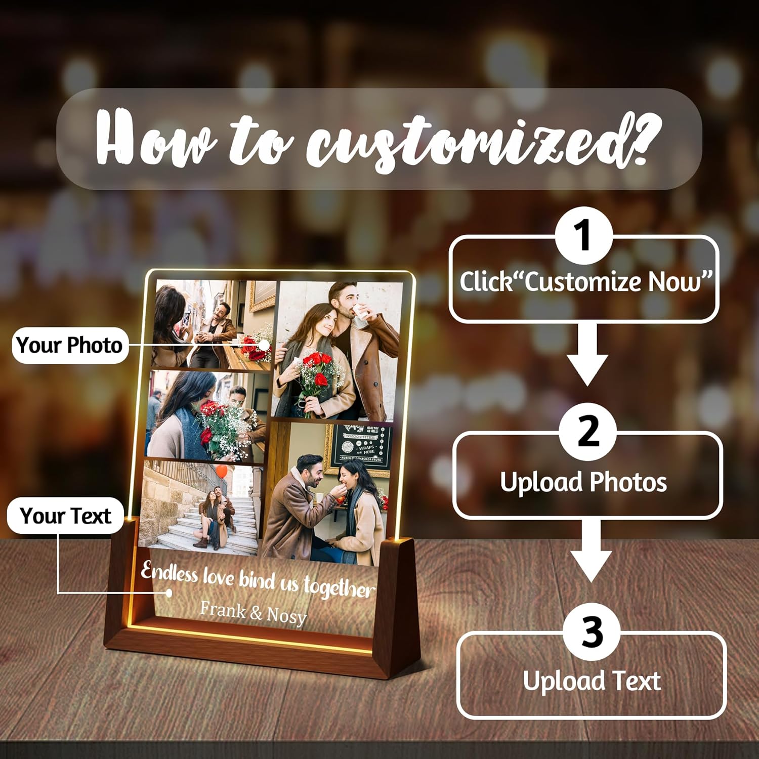 Personalized Couple Birthday Gifts For Boyfriend Girlfriend Women Men, Custom Light Up Picture Frame Acrylic Plaque With Photo Name, Anniversary Christmas Gifts For Husband Wife Him Her