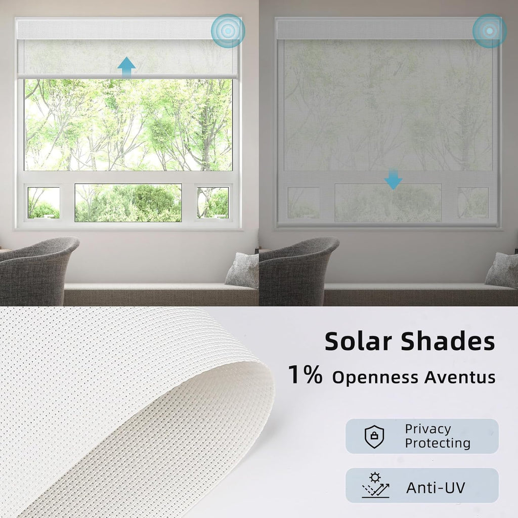 SmartWings Motorized Smart Roller Shades in Light Filtering, Electric Blinds with Remote for Windows Compatible with Alexa/Google Home/Homekit, Customized, 1% Openness Aventus White
