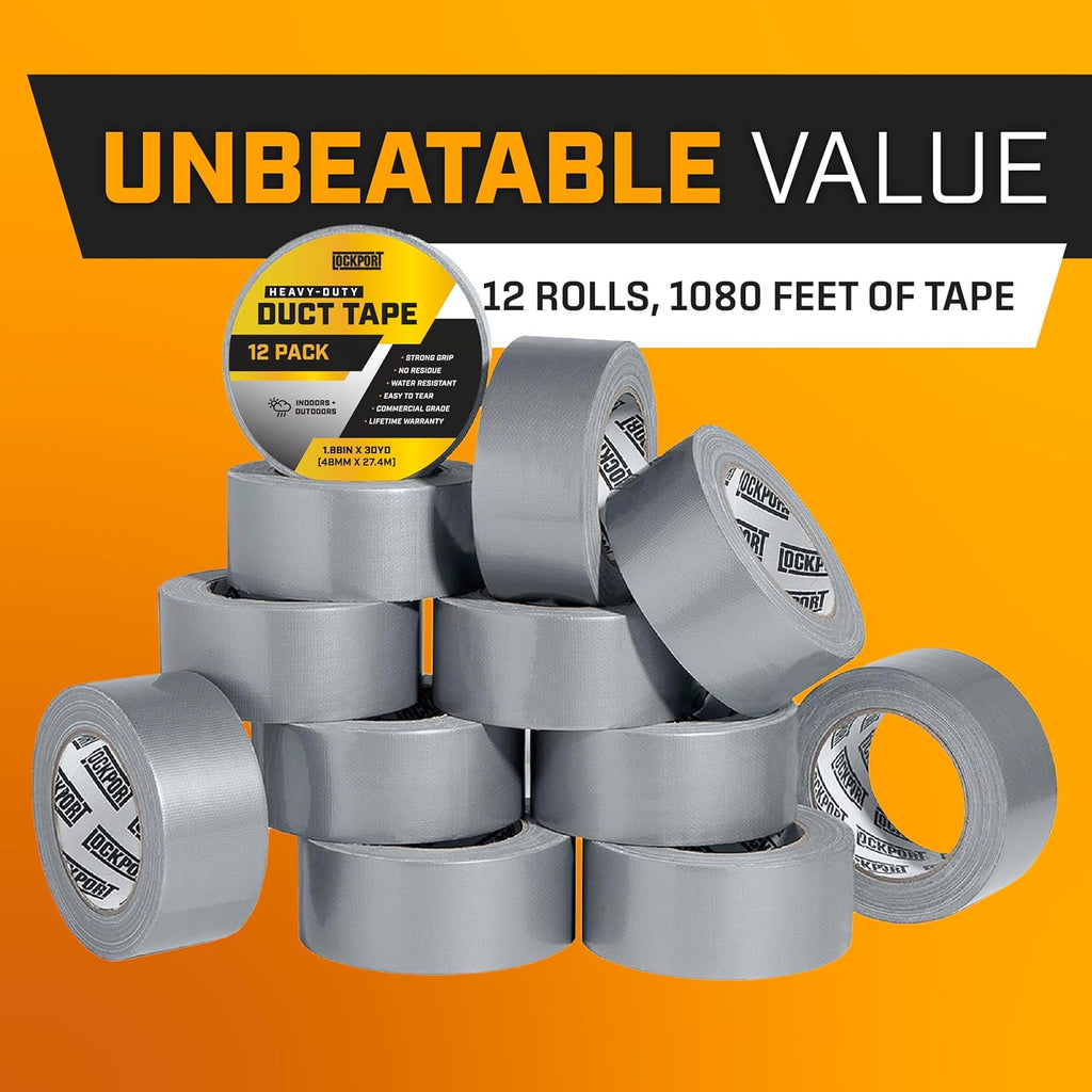 Lockport Duct Tape Heavy Duty Waterproof - 30 Yards x 2 Inch - 12 Roll Pack Silver Duct Tape Bulk Pack - No Residue, Flexible, Strong, All-Weather and Easy Tear - Grey Heavy Duty