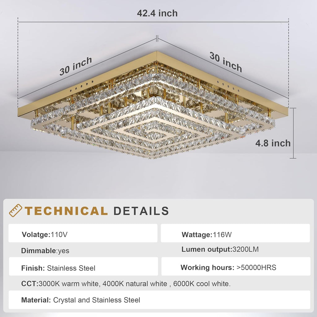 43" Modern Gold Crystal Chandelier with Remote/App Control, Dimmable Flush Mount Ceiling Light Fixture,3-Color Temperature, Led Ceiling Lamp for LivingRoom Bedroom Kitchen DiningRoom Entryway