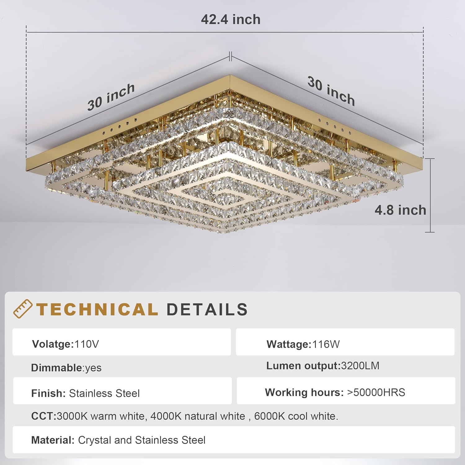 43" Modern Gold Crystal Chandelier with Remote/App Control, Dimmable Flush Mount Ceiling Light Fixture,3-Color Temperature, Led Ceiling Lamp for LivingRoom Bedroom Kitchen DiningRoom Entryway
