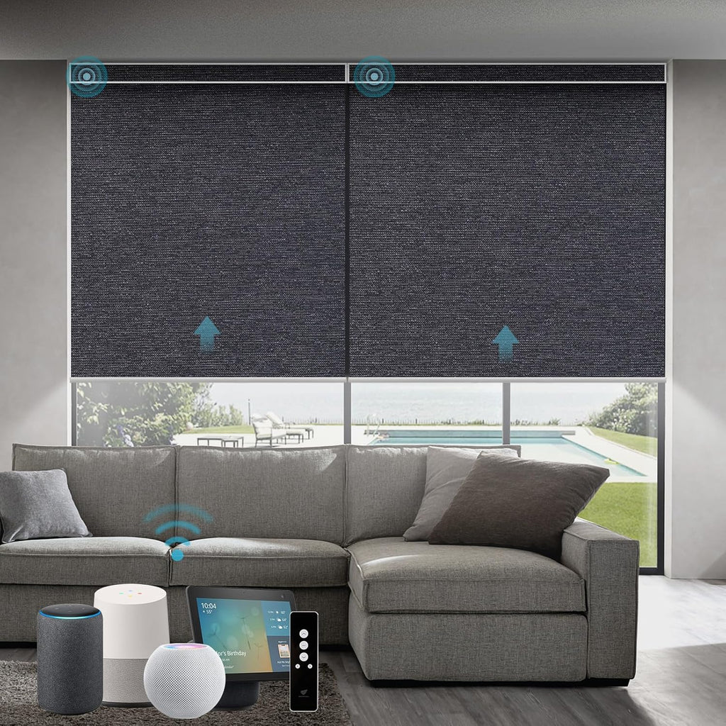 SmartWings Motorized Blackout Roller Blinds Work with Matter Homekit Z-Wave Thread Alexa Google, Smart Window Shades for Bedroom, Cordless Remote Control Customized 16"-110" W, Eclipse Raven Black