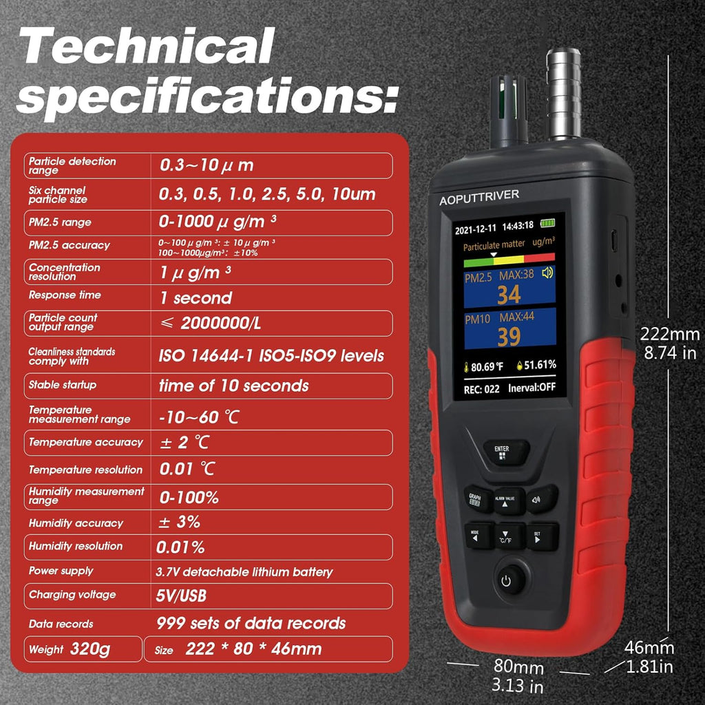 Portable Particle Counter, Handheld Dust Monitor 1000μg/m³PM2.5 Detects 6-Channel 0.3μm-10μm Particles, 14644-ISO9 Level Standard Air Pollution Monitor w/Temp & Humidity for Indoor Cleanroom