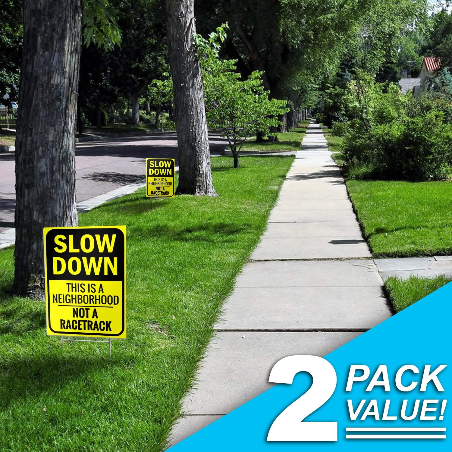 Bigtime 2 X Slow Down Sign 16" x 12" - Double-Sided Kids At Play Signs with Metal H-Stake for Neighborhoods - Durable & Funny Slow Man Sign for Ensuring Child Safety - Thoughtful Gift Idea