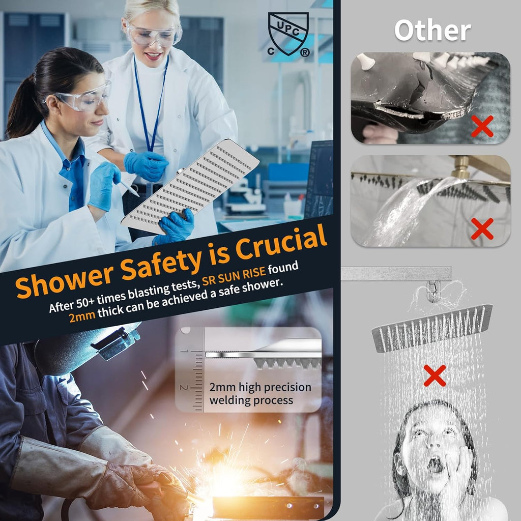 SR SUN RISE Polished Chrome Square Rainfall Shower Head and Handle Set, Wall Mounted Shower Fixtures, Metal Shower Faucet Trim Repair Kits (With Shower Valve) 16 Inches