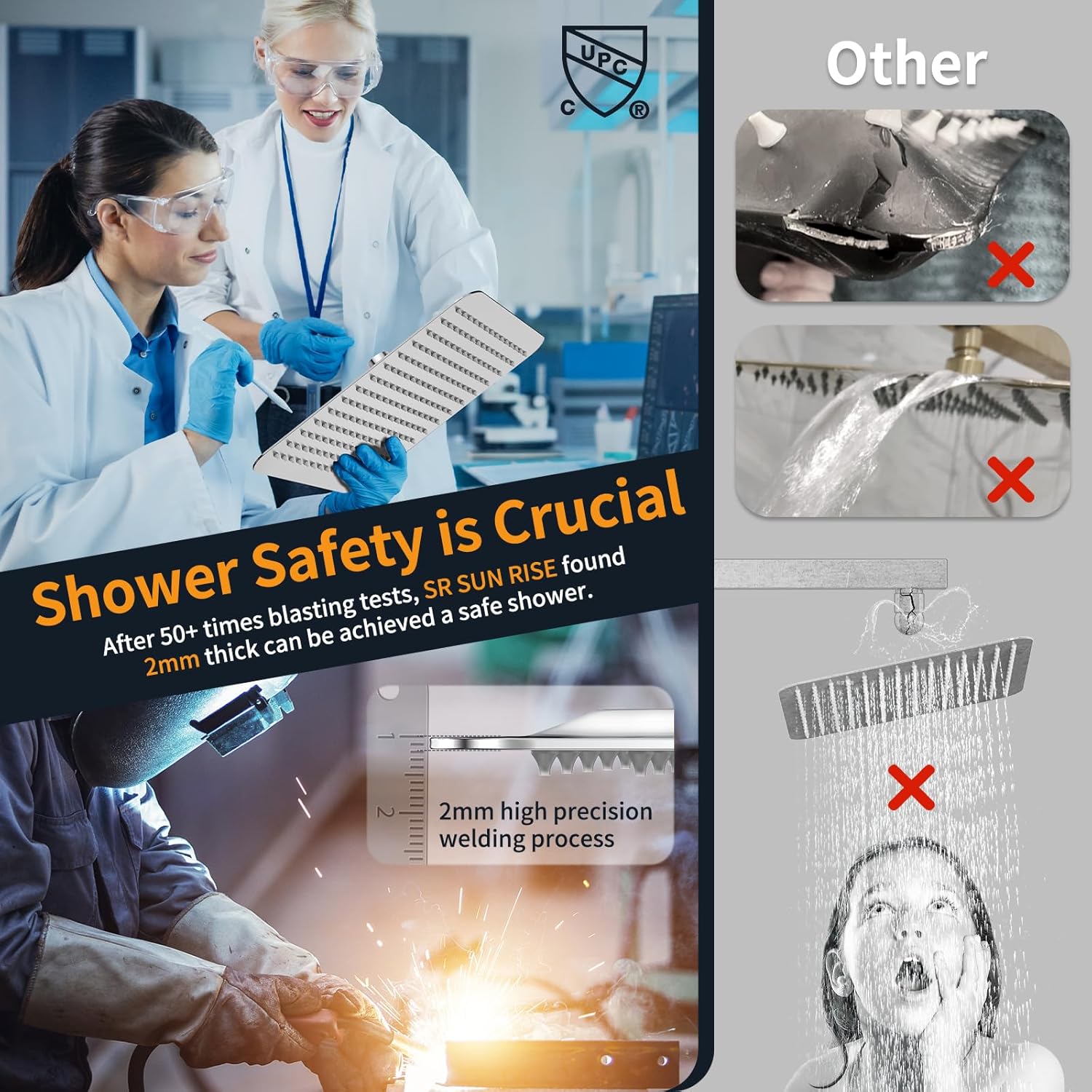 SR SUN RISE Polished Chrome Square Rainfall Shower Head and Handle Set, Wall Mounted Shower Fixtures, Metal Shower Faucet Trim Repair Kits (With Shower Valve) 16 Inches
