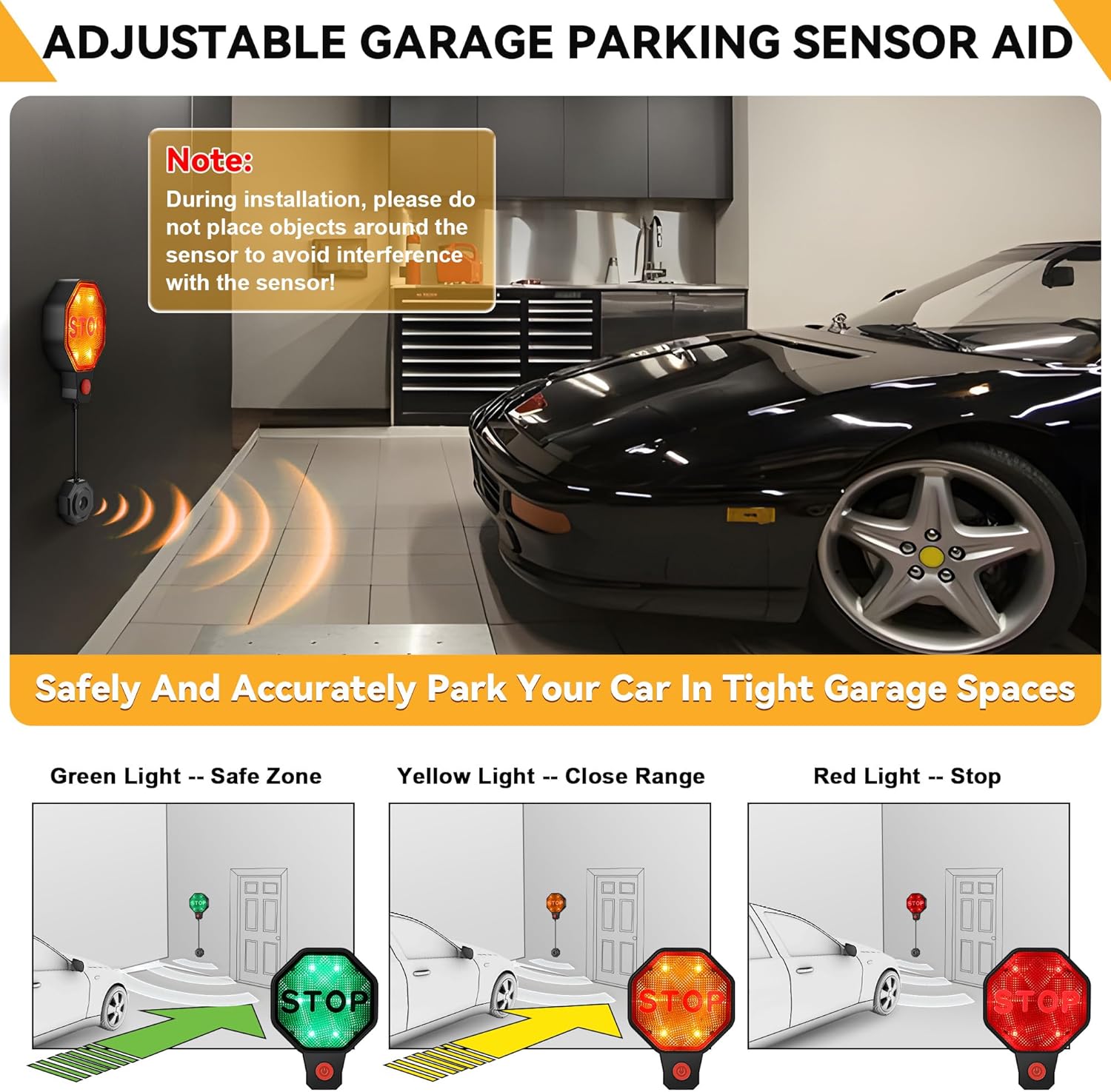 Adjustable Garage Parking Sensor Aid with with Red/Yellow/Green LED Display, Garage Parking Aid Set Stop Distance 6"–6 ft, Battery (Not Included) or USB Powered, No-Drill Installation(Black)