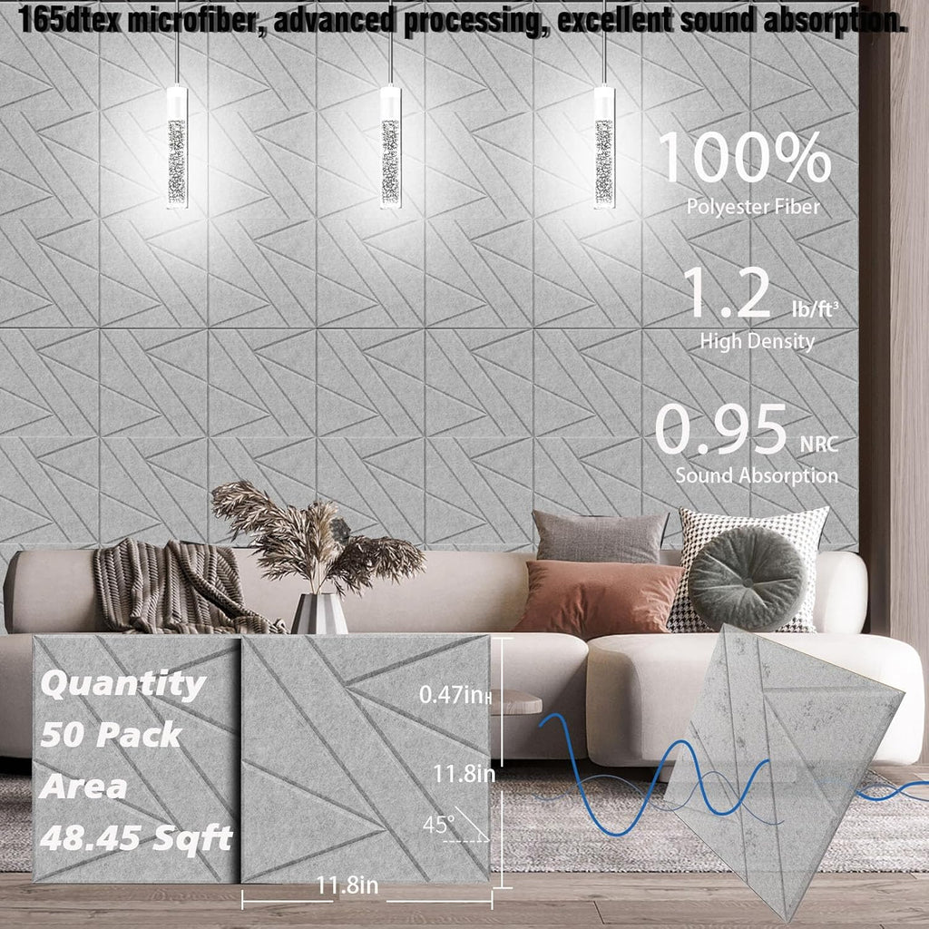 50 Pack Bulk Self-Adhesive Soundproof Wall Panels, 12 x 12 x 0.47 in Sound Proof Foam Panels for Walls, 1.2lb/ft³ High Density, Thicker 0.47in, Acoustic Panels, Duty for Large Walls Gray