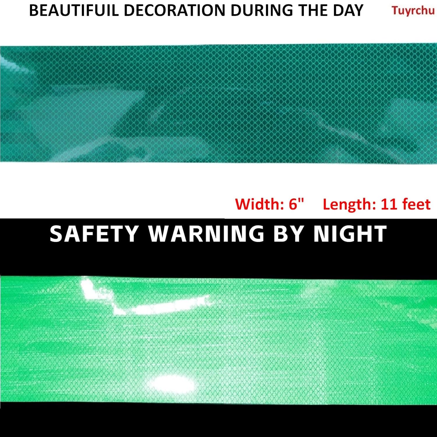 Non Fading Green Reflective Tape Outdoor Waterproof 6 inch, High Visibility Warning Industrial Marking Tape, Safety Stickers (11 feet)