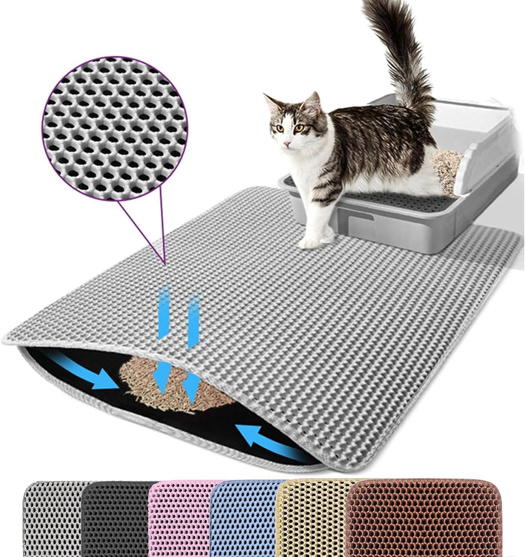 Jumbo Cat Litter Mat, 46x26 Inches Double Layer Honeycomb Litter Trapping Mat, Non Slip Waterproof Urine Proof Extra Large Cat Litter Box Mat, Kitten Supplies and Essentials, XXL, Gray