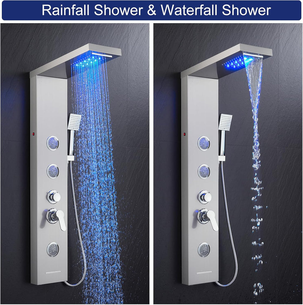 ROVATE LED Shower Panel Tower System with Rainfall Waterfall Shower, Shower Panel with Jets and Rainfall and Handheld, 5 in 1 Brushed Stainless Steel Shower Panel System High Pressure with Tub Spout