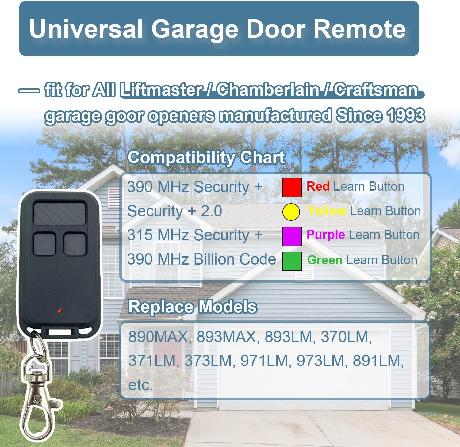 Universal Garage Door Opener Remote, Fit for Liftmaster, Chamberlain, Craftsman Garage Door Openers, Replace 890MAX 893MAX 893LM 370LM 371LM 373LM 971LM 973LM 891LM 3-Button Keyless Wireless Remote