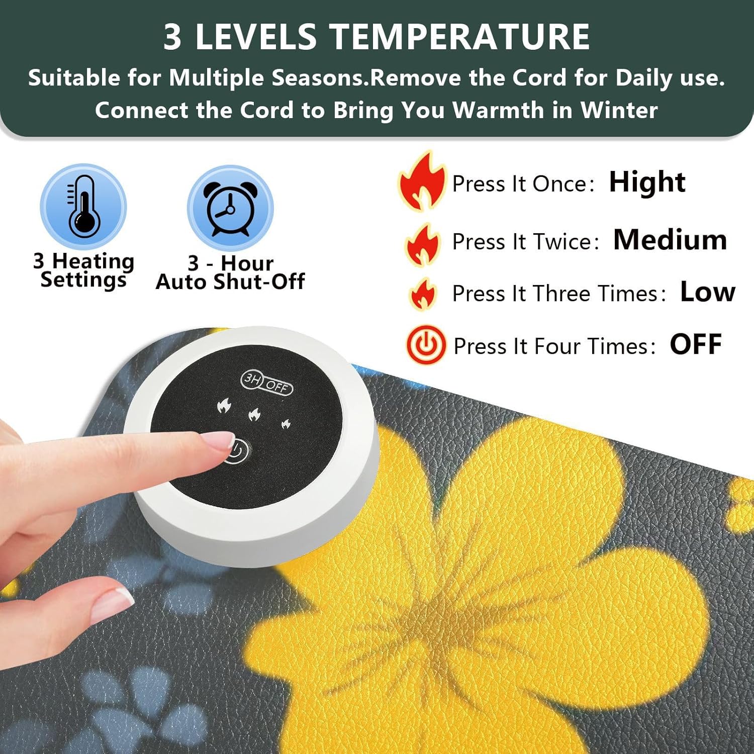 Heated Desk Pad Mouse Pad 31.5x13 Inch PU Leather Desk Mat with 3 Heat Levels Large Mouse Gaming Computer Laptop Mat Blue Floral Fragments and Bees