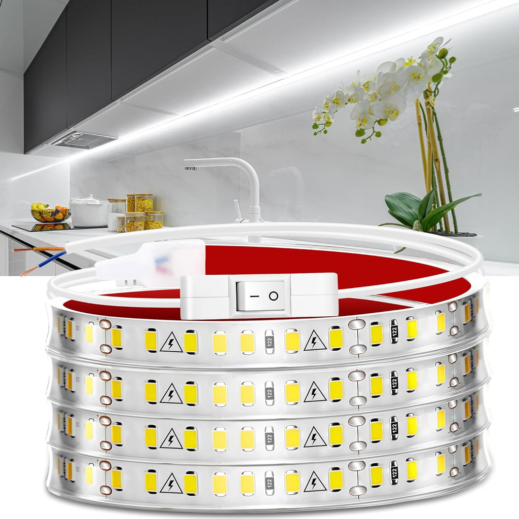 maylit Under Cabinet LED Strip Lighting Hardwired 72in, Ultra Bright Small LED Light Bar, 6000K Cool White, 110V-120V Wired Lights for Kitchen Cabinet, Counter, Workbench, Desk, Closet, Shelf, Indoor
