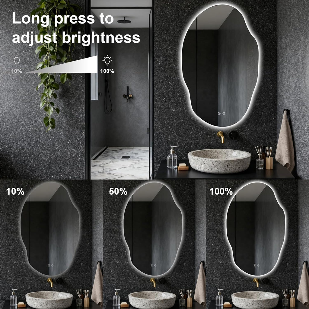 Asymmetrical Bathroom Mirror with Lights,Irregular LED Bathroom Vanity Mirror with Backlit,Anti-Fog,3 Colors and Dimmable Light with Memory,Hardwired Supported[Horizontal/Vertical] 48" H x 30" W