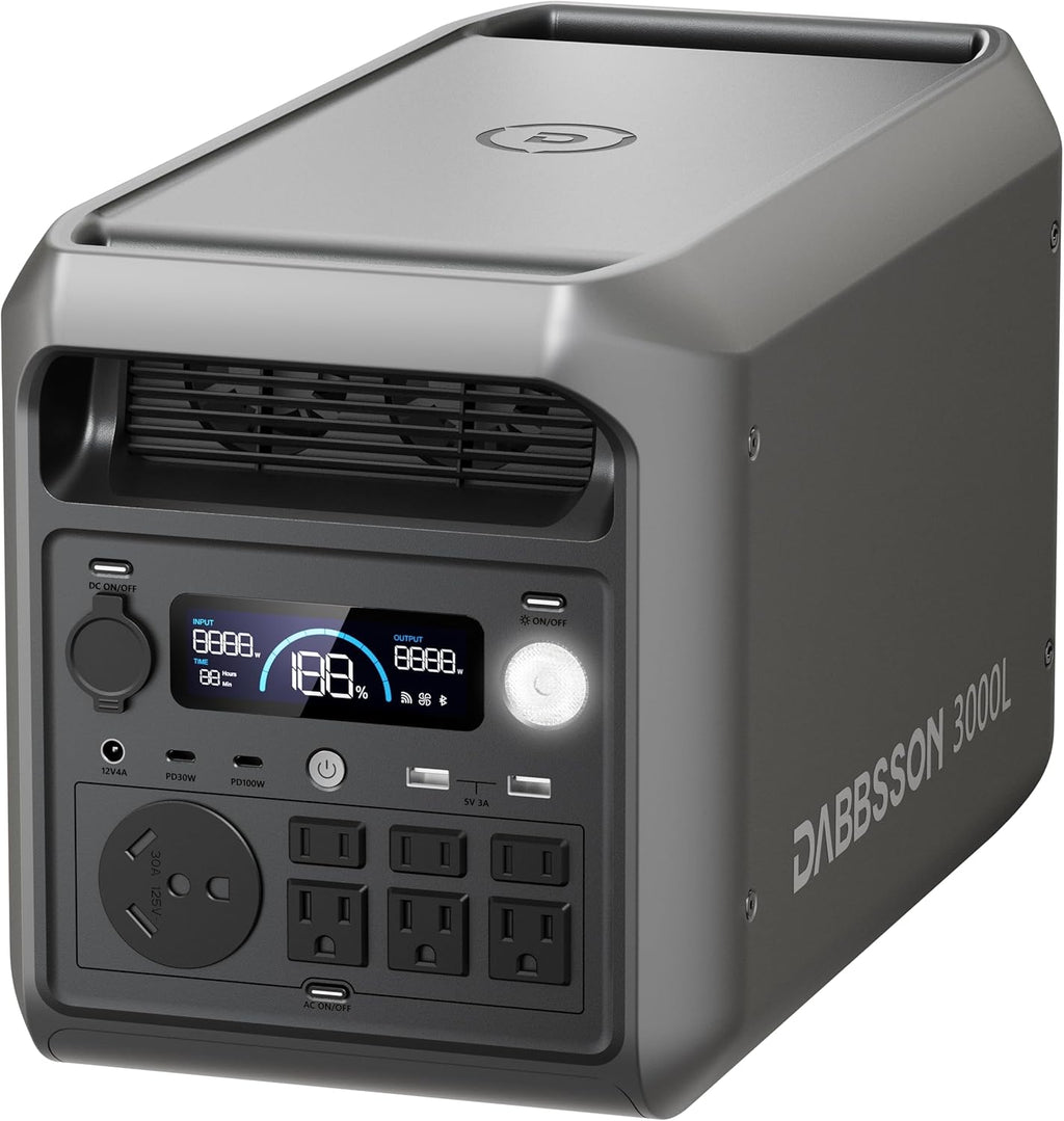 DABBSSON 3072Wh Portable Power Station, Semi-Solid LiFePO4, 3000W AC Output×6,TT-30×1 for Charging RV,P-Boost 3600W, Compact Lightweight, 1.3X Runtime,0-80% 1.5H,3000L Solar Generator for Camping/Home