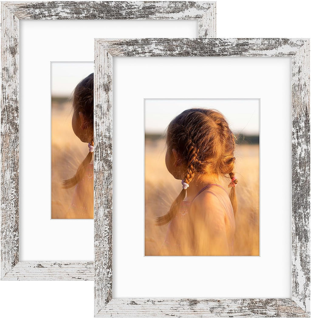 Golden State Art, 9x12 Picture Frame with Mat for 6x8 - High Definition Glass Wall Mounting Horizontal Vertical Display (Weathered White, 2 Pack)