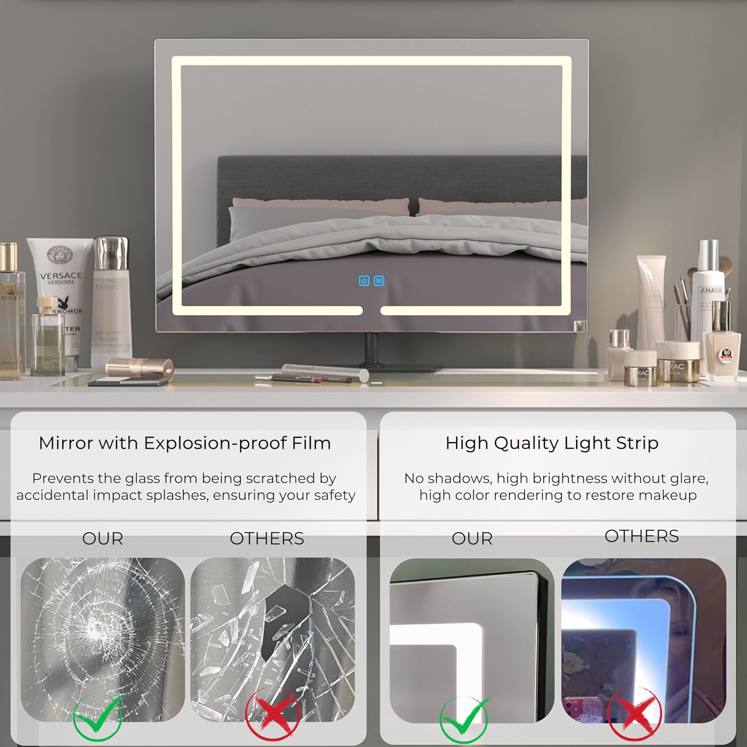 Vanity Mirror with Lights, 23.27 x 17.7 Inch LED Makeup Mirror, Lighted Makeup Mirror with Dimmable 3 Modes, Smart Touch Control, Aluminum Frame and Tempered Glass Base, Bronze