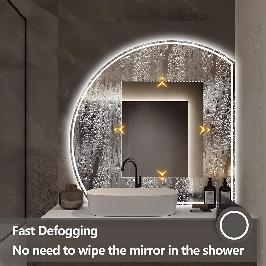 Niccy Half Moon Led Mirror for Bathroom, 28" Semi Round Backlit Mirror for Wall Lighted Mirror with Frameless 3 Color, Defogger, Explosion-Proof, HD Glass and IP65 Vanity Mirror