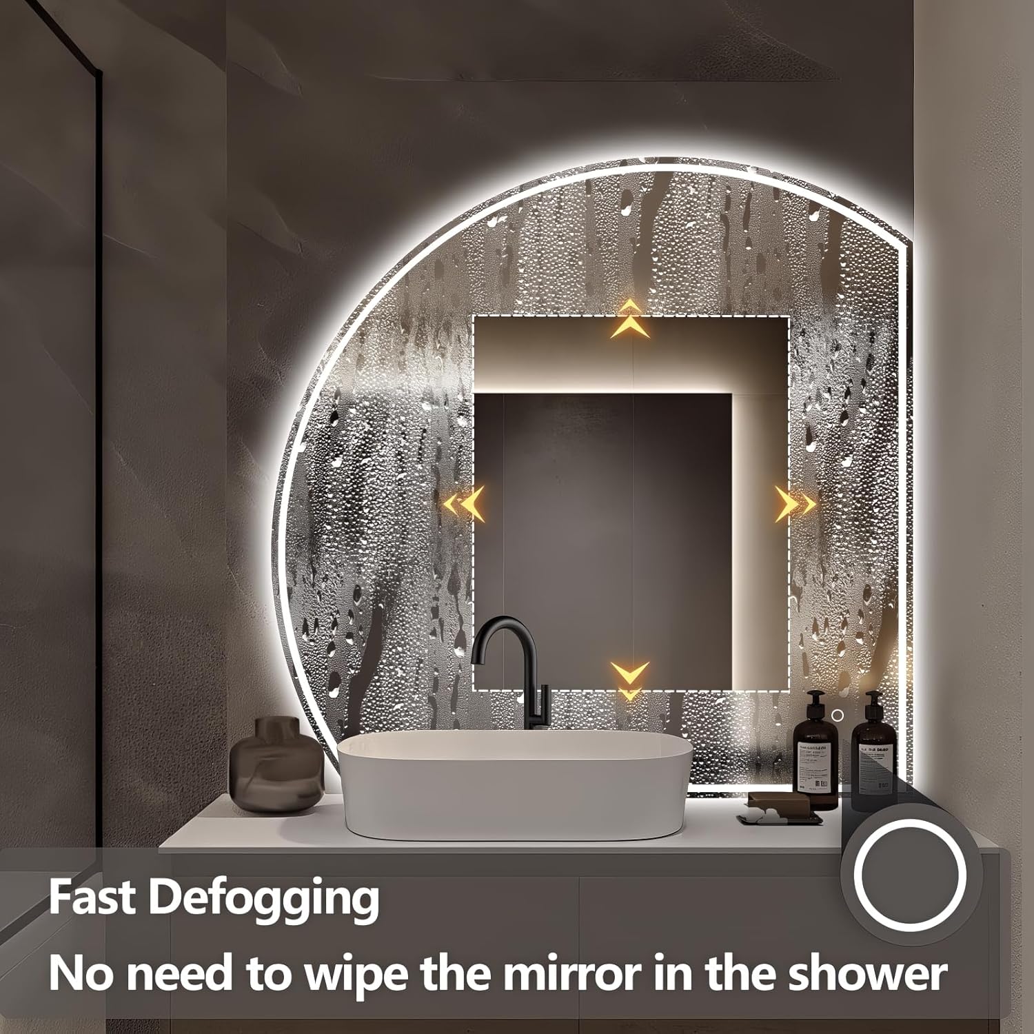 Niccy Half Moon Led Mirror for Bathroom, 28" Semi Round Backlit Mirror for Wall Lighted Mirror with Frameless 3 Color, Defogger, Explosion-Proof, HD Glass and IP65 Vanity Mirror