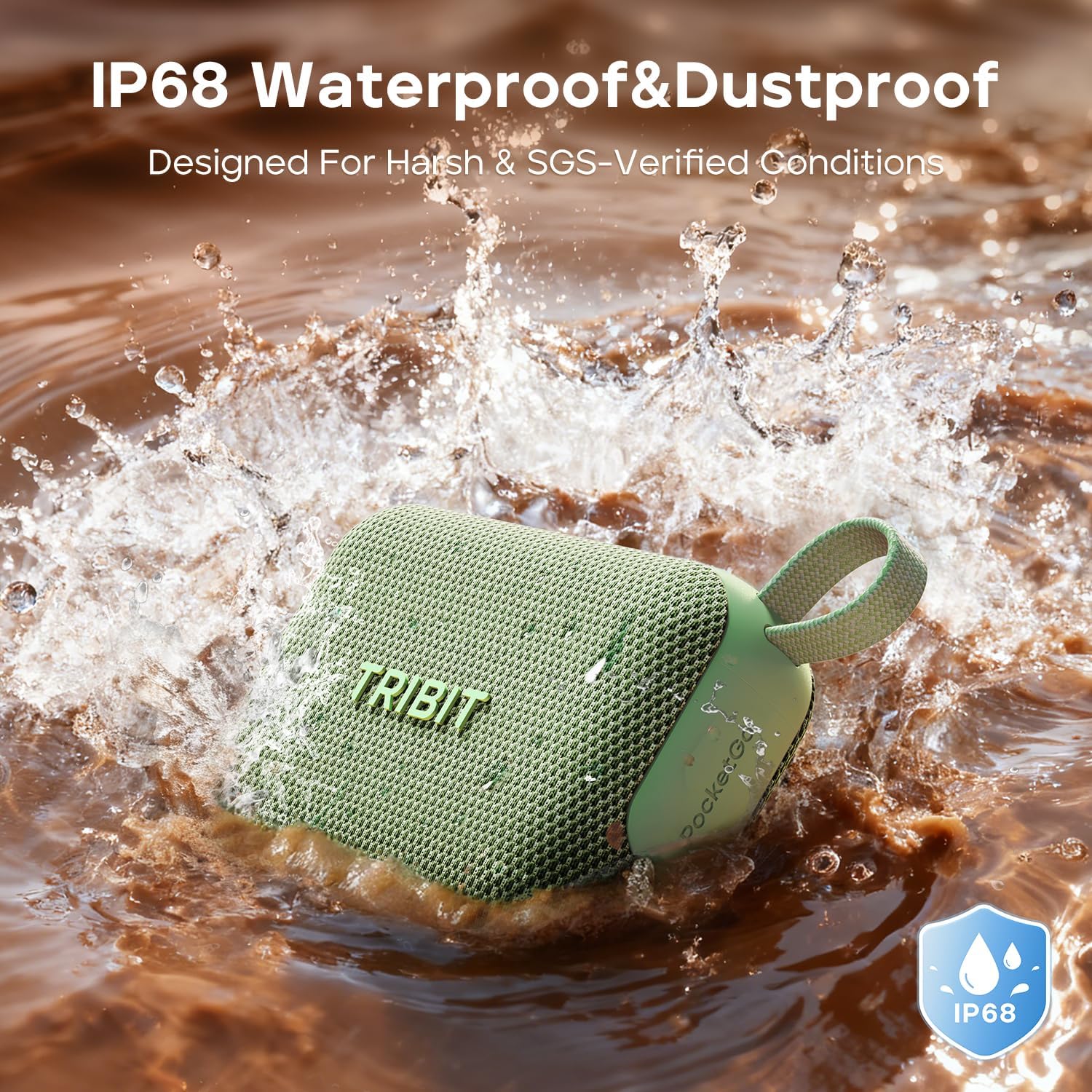 Tribit PocketGo Portable Bluetooth Speaker, 20H Playtime, IP68 Waterproof/Dustproof, Wireless, BT6.0, Shower, Powerful Sound, Custom EQ, TWS, Support TF Card, Floatable, Type-C, Travel/Home (Green)