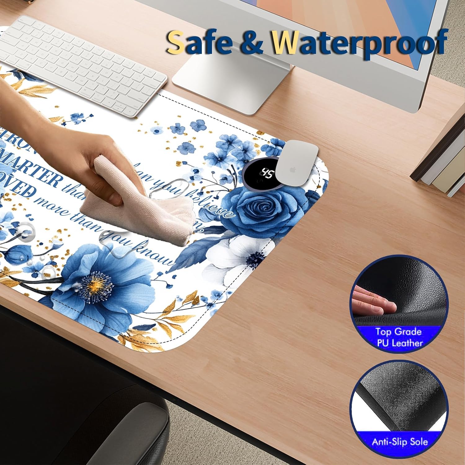 Heated Mouse Pad with 3 Temperature Settings(104°F–122°F),Large 24x14.2 Inch PU Leather Heated Desk Mat,Waterproof Warming Pad for Office,Gaming & Cold Hands Relief,Bule Flower Quotes