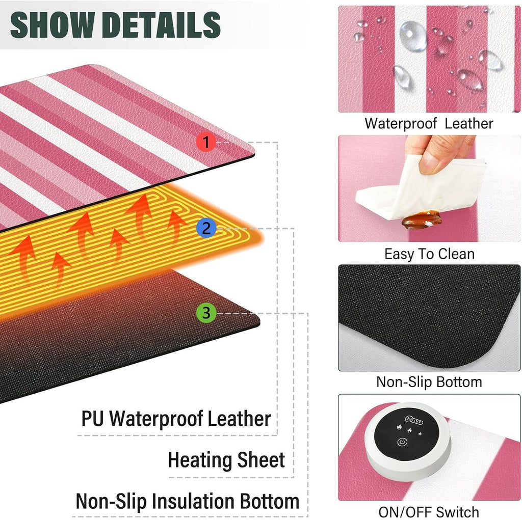 Heated Desk Pad Mouse Pad 31.5x13 Inch PU Leather Desk Mat with 3 Heat Levels Large Mouse Gaming Computer Laptop Mat Pink and White Stripes