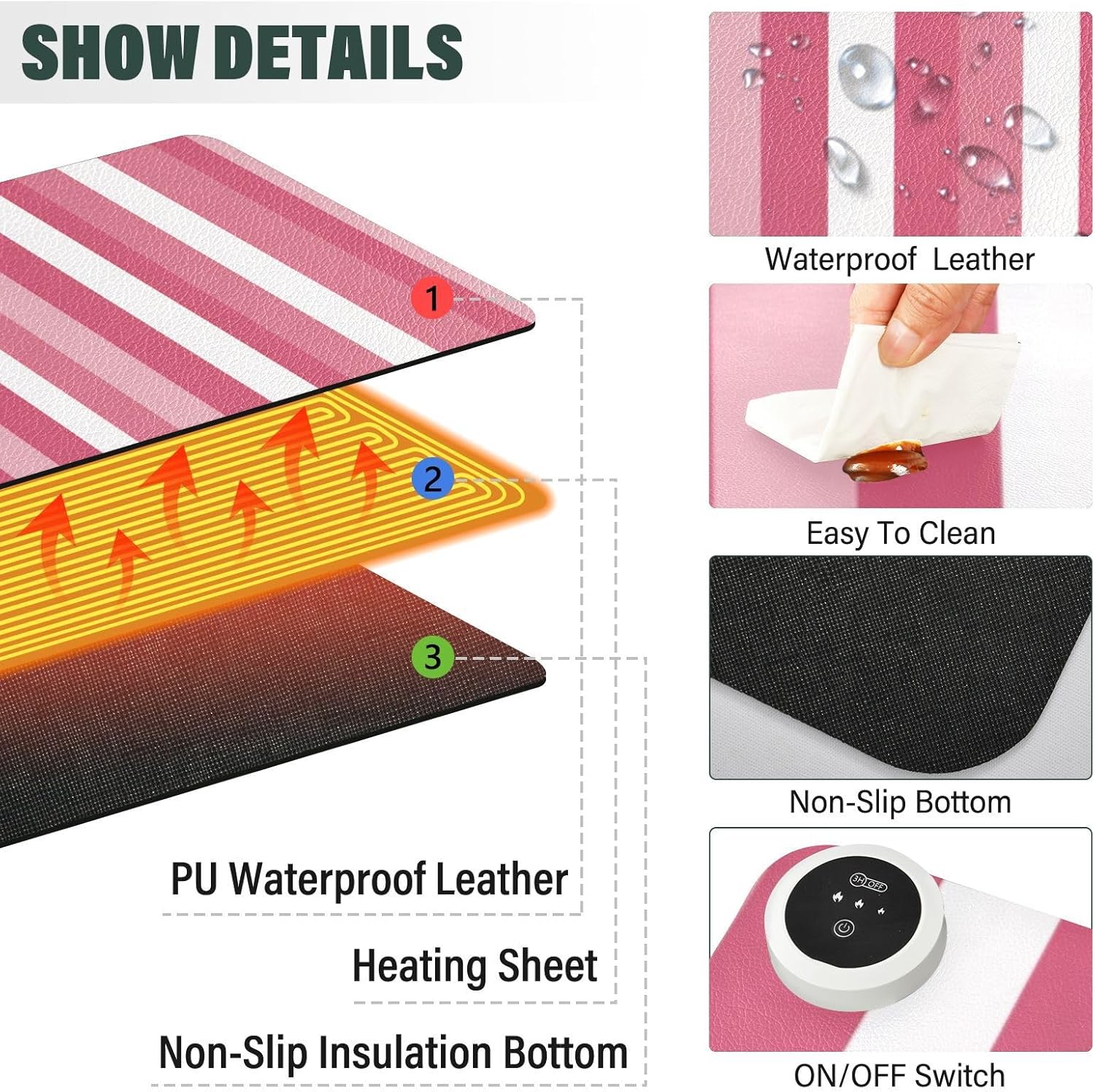 Heated Desk Pad Mouse Pad 31.5x13 Inch PU Leather Desk Mat with 3 Heat Levels Large Mouse Gaming Computer Laptop Mat Pink and White Stripes
