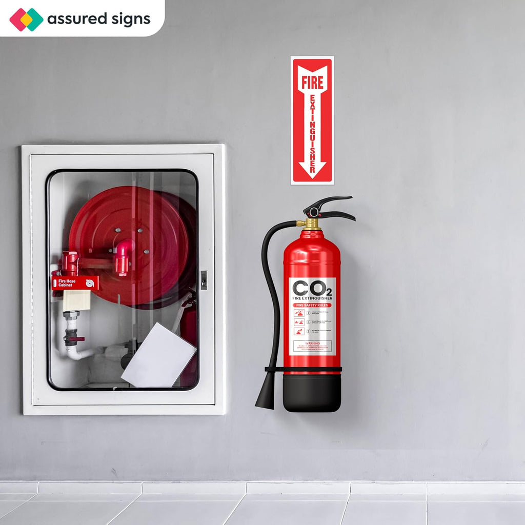 ASSURED SIGNS Fire Extinguisher Signs - 12 Pack - 4" X 12" - 5 Mil Vinyl Weatherproof Fire Extinguisher Stickers with Downward Arrow - Self Adhesives for Business or Office