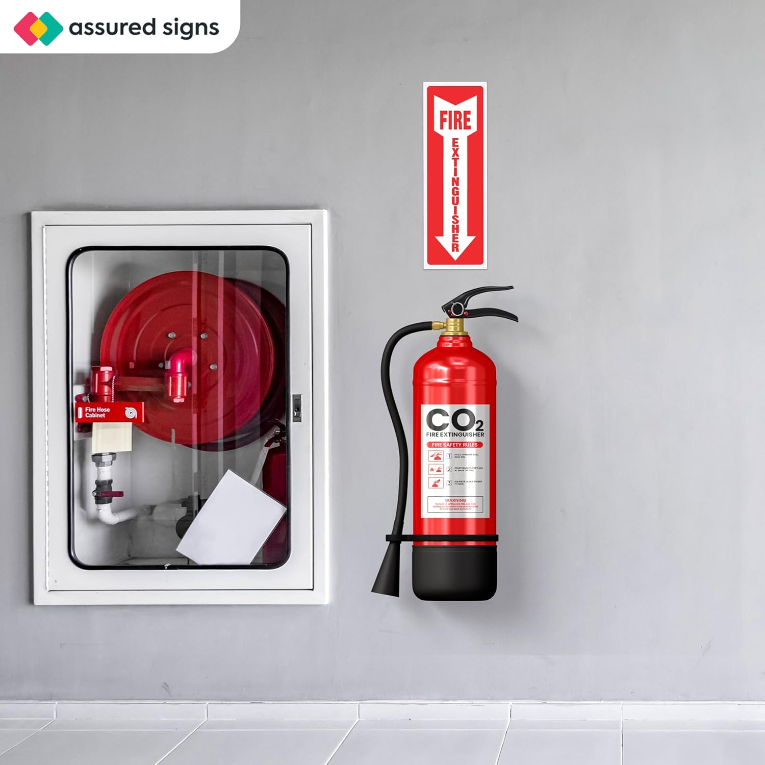 ASSURED SIGNS Fire Extinguisher Signs - 12 Pack - 4" X 12" - 5 Mil Vinyl Weatherproof Fire Extinguisher Stickers with Downward Arrow - Self Adhesives for Business or Office