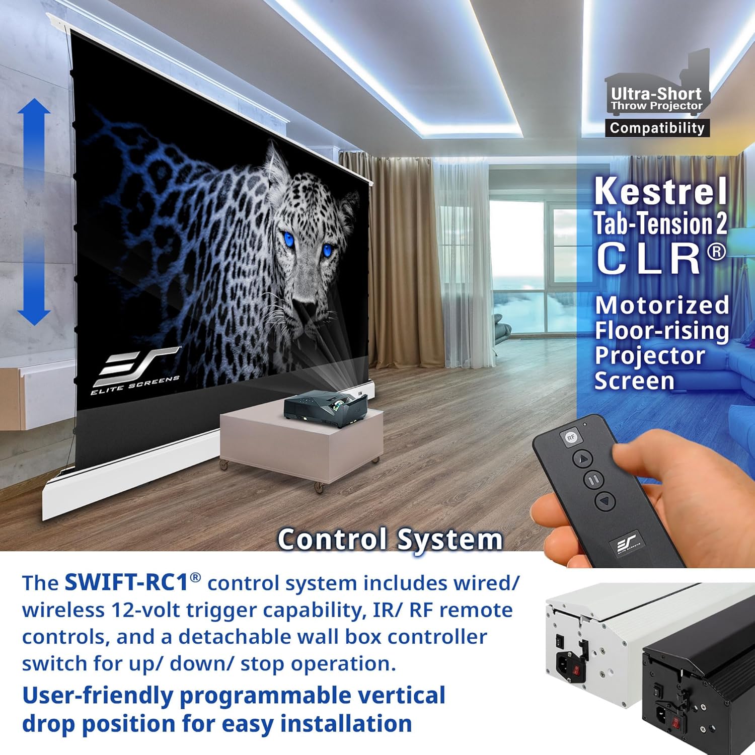 Elite Screens Kestrel Tab-Tension CLR, 121 inch 16:9, Ultra-Short Throw Ceiling Ambient Light Rejecting ALR Electric UST Floor-Rising Projection Motorized Front Projector Screen, FTE121XH3-CLR, White