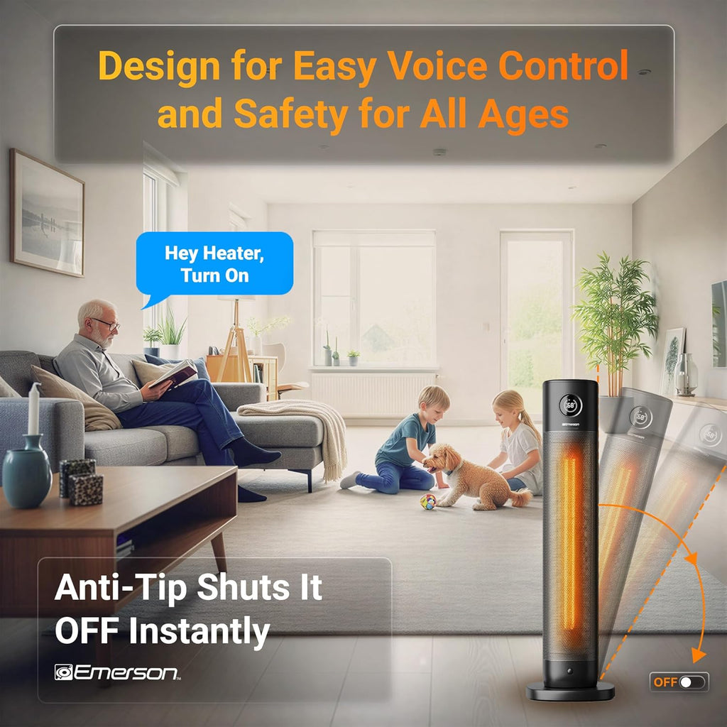 Emerson SmartVoice 32" Tower - Space Heater, Offline 40+ Voice Control Commands, No APP, No WIFI, No Setup, 1500W Heating, 65° oscillation, 9-Hr Sleep Timer, w/Remote Control