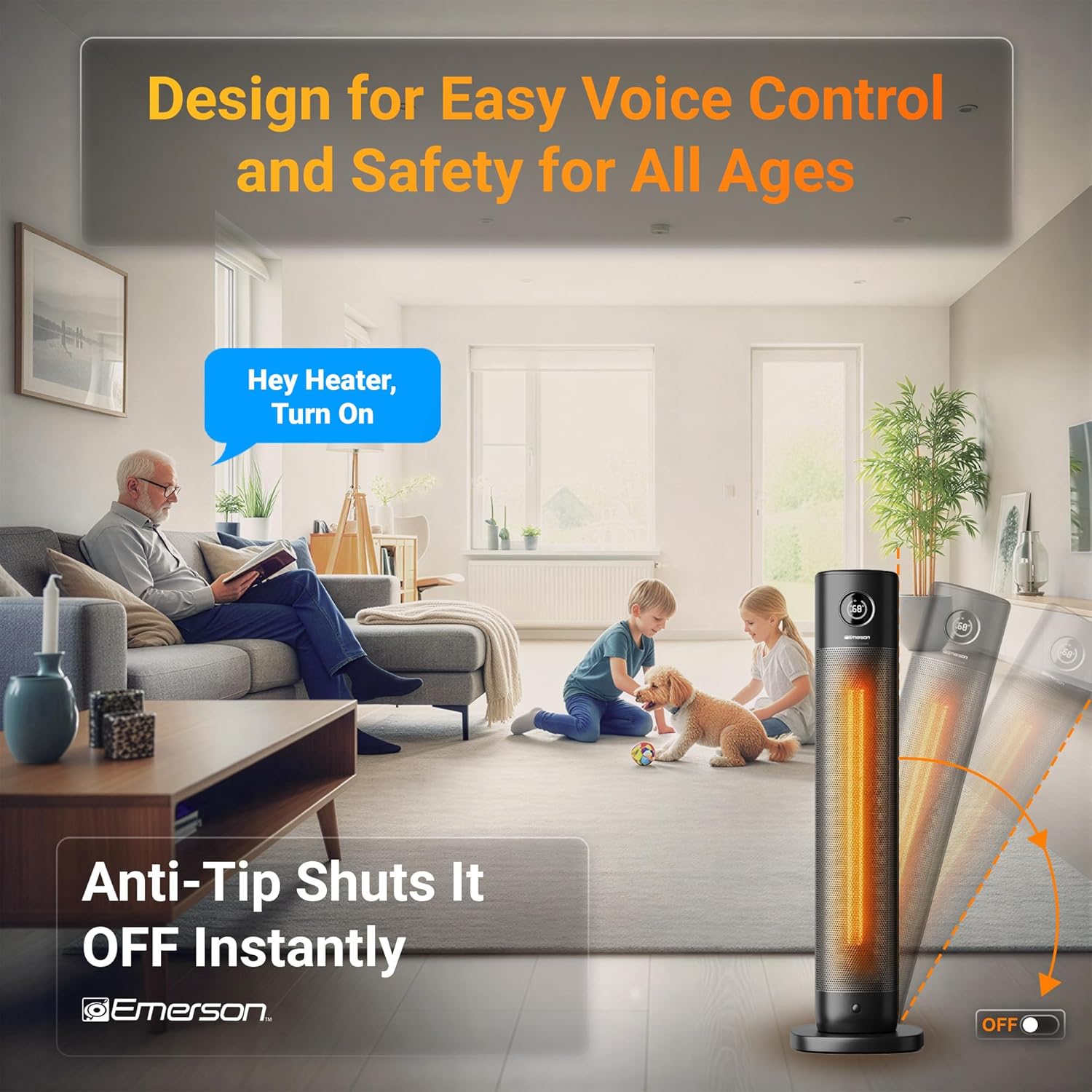 Emerson SmartVoice 32" Tower - Space Heater, Offline 40+ Voice Control Commands, No APP, No WIFI, No Setup, 1500W Heating, 65° oscillation, 9-Hr Sleep Timer, w/Remote Control