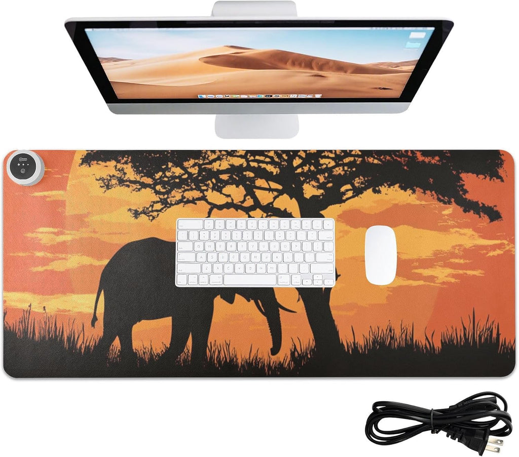 Heated Desk Pad Mouse Pad 31.5x13 Inch PU Leather Desk Mat with 3 Heat Levels Large Mouse Gaming Computer Laptop Mat Elephant Silhouette Sunset Red